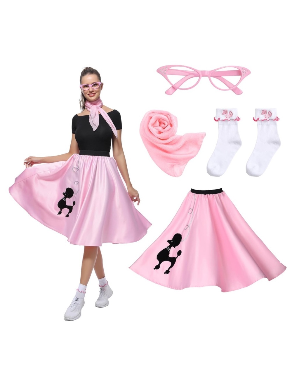 1950s Poodle Skirt Costume Set with Scarf, Glasses & Socks new